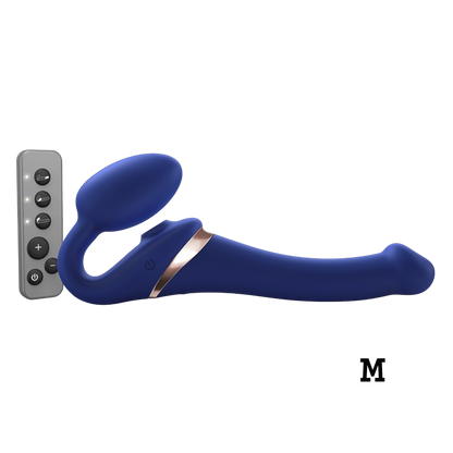 Night blue multi-orgasm bendable strap-on harness from STRAP-ON-ME, flexible and adjustable for comfortable wear.