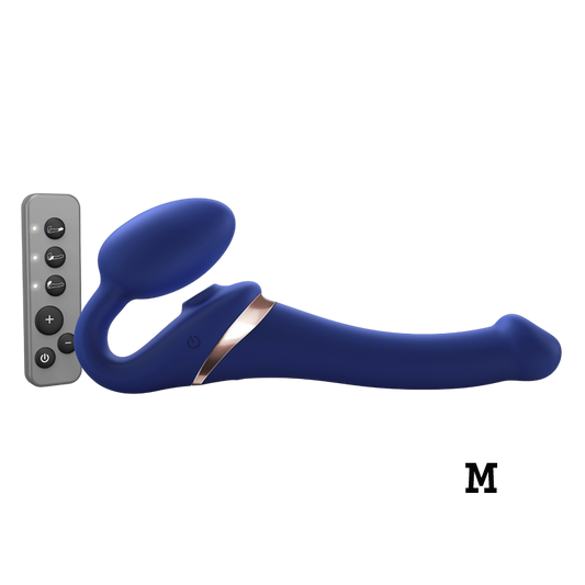 Night blue multi-orgasm bendable strap-on harness from STRAP-ON-ME, flexible and adjustable for comfortable wear.
